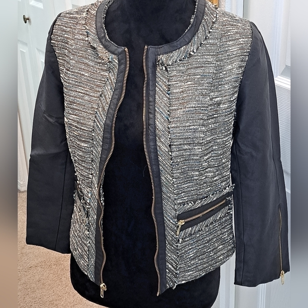 XOXO Sparkly Jacket With Vegan Leather & Frayed Details Size L